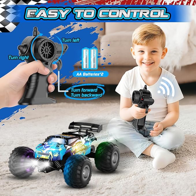 Remote Control Car, 2WD Off-Road Rc Truck, 20 KM/H All-Terrain RC Cars with Headlights & Body Lights, 2.4GHz, 2 Batteries, Remote Control Car for Boys 4-7 8-12, Gift Toys for Boys Girls