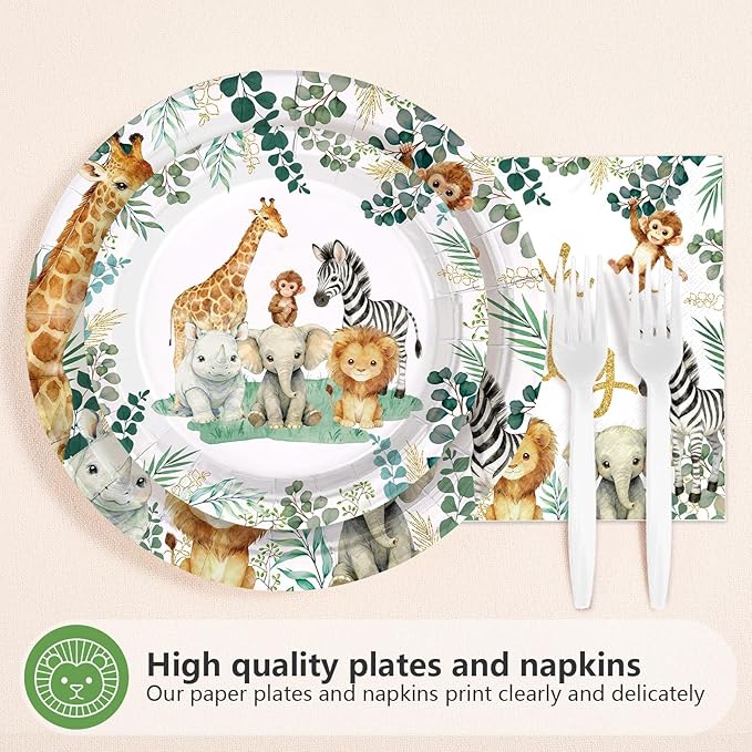 96 Pcs Jungle Safari Baby Shower Decorations Disposable A Little Wild One is on The Way Paper Plates and Napkins Jungle Safari Animals Tableware Set for Welcome Baby Shower Birthday Party Supplies