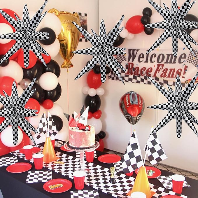 6 Pcs Plaid Star Foil Balloons One-Piece 14-Pointed Star Balloon 4D Starburst Cone Mylar Balloon 22inch Christmas Birthday Wedding Wedding Anniversary Party Supplies (Plaid)