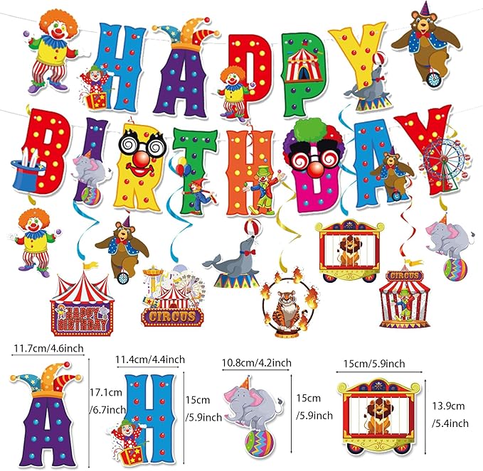Zwiebeco Colorful Circus Happy Birthday Banner Bunting Hanging Paper Swirls Garland Party Decorations for Funfair Circus Amusement Park Clown Carnivals Themed Kids Bday Decor Accessories Supplies
