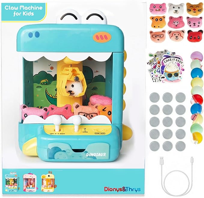 Claw Machine for Kids - Mini Arcade Game - Vending Machine - Candy Grabber Toys - Silent Mode, Lights, USB - Plush Toys & Easter Eggs, Surprise Stickers - Fun Gift for Kids, Boys & Girls (Dinosaur)