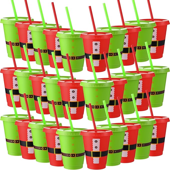 Sieral 30 Pcs Christmas Cups with Straws and Lids 16 oz Santa Elf Belt Cups Red Green Plastic Tumblers Reusable Iced Coffee Travel Mug for Christmas Theme Party Supplies Decorations