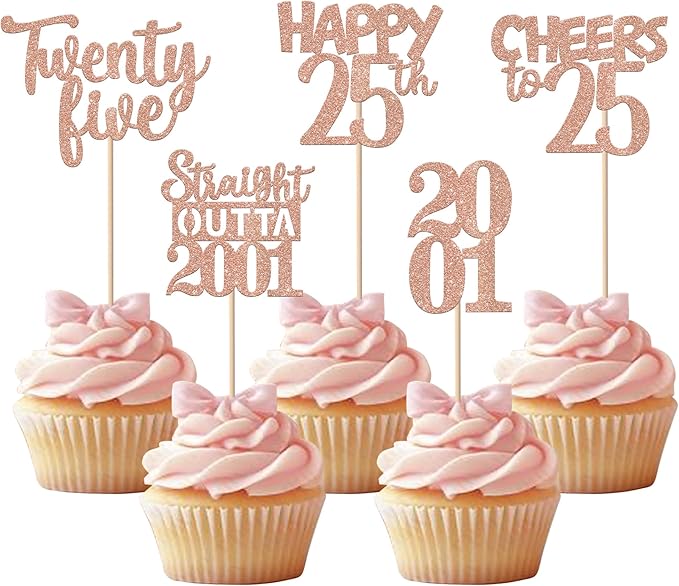 30PCS 25th Birthday Cupcake Toppers Glitter Twenty Five Happy 25 Straight Outta 2001 Cupcake Picks for Cheers to 25 Years 25th Birthday Anniversary Party Cake Decorations Supplies Rose Gold