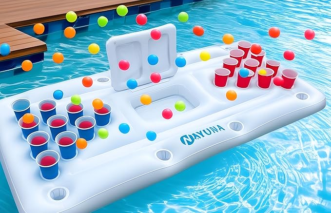 NAYUNA Floaty with Cooler & 20 Party Cups - Inflatable Pool Table Summer Party Pool Games Accessories for Adults 6 Feet Inflatable Pool Lounge Float, 4 Ping Pong Balls, 20 Cups