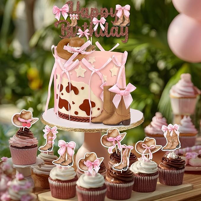 26 PCS Cowgirl Bows Cake Decorations Hat and Boot Cake Toppers for Western Theme Birthday Baby Shower Cowgirl Party Supplies