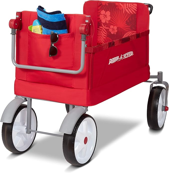 Radio Flyer Beach & Boardwalk 3-in-1 EZ Fold Wagon, for Kids 1.5+, UV Shade, One-Hand Flat Fold, Seats 2 or Converts to Bench, DuraClean Fabric, Beach Tires, 150 lb Capacity, Wagon for Kids & Cargo