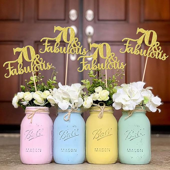 12 PCS 70 and Fabulous Centerpiece Sticks Double Sided Happy 70th Birthday Table Flower Centerpieces Sticks Cheers to 70 Floral Decorations for 70th Birthday Anniversary Party Supplies Gold