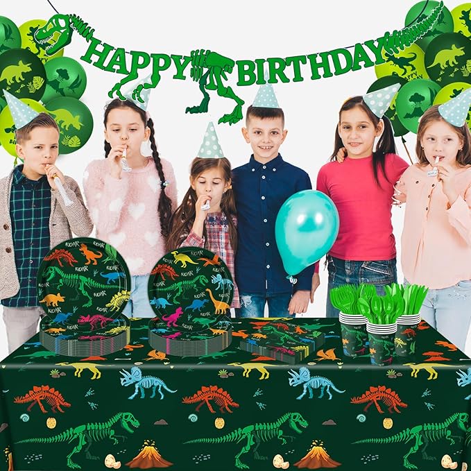 166 PCS Dinosaur Birthday Decorations, Dinosaur Party Supplies Includes Plates, Cups, Napkins, Cutlery, Banner, Tablecloth, Balloons for Boy Dino Party Decorations, Serves 20