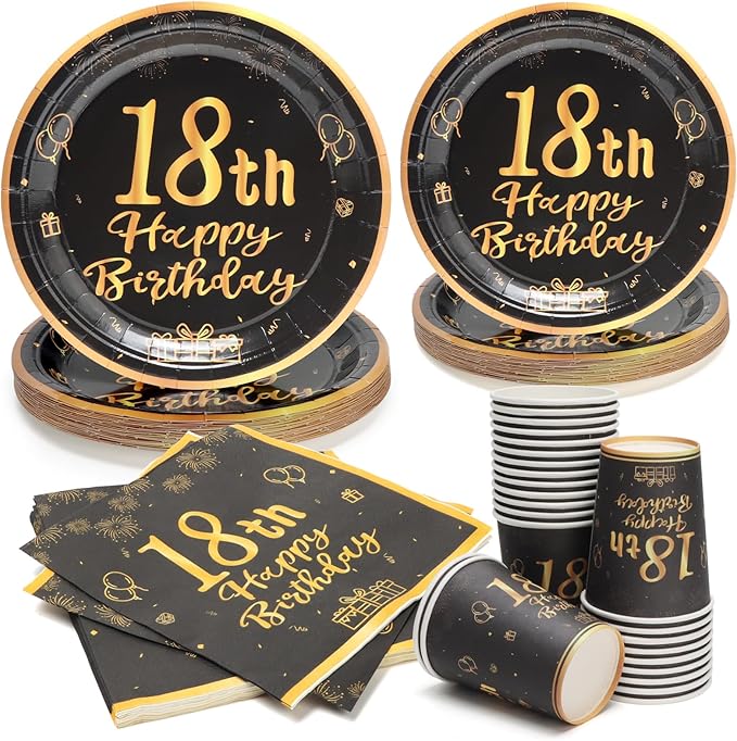 96Pcs 18th Birthday Party Decorations for Men Women Black and Gold Paper Plates and Napkins Cups 18th Birthday Party Supplies, Serves 24