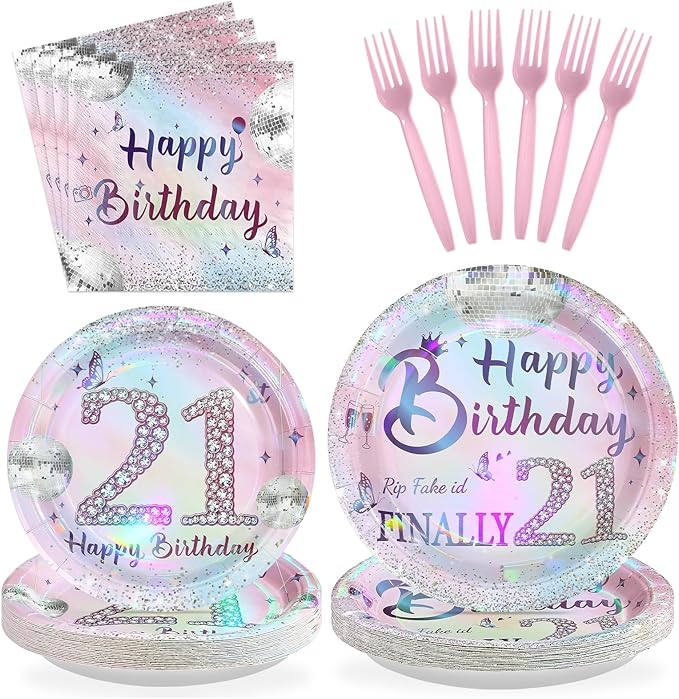 96Pcs 21st Birthday Party Decorations for Girls Plates and Napkins Iridescence Silver Pink 21st Tableware for Girls The Twenty-First Birthday Party Decorations Serve 24