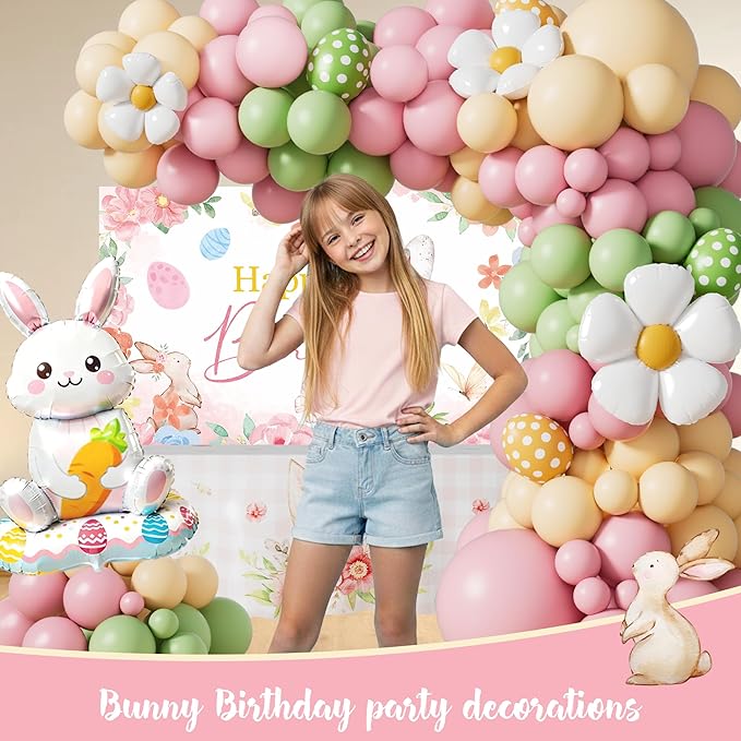 Easter Bunny Birthday Party Decorations, Spring Bunny Birthday Party Decorations for Girls, Easter-Themed Party Supplies Kit, Floral Backdrop Balloon Garland Banner Backdrop Tablecloth for Birthday