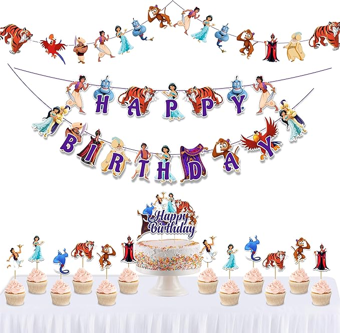 Aladn Theme Party Decorations - Arabian Princess Birthday Decor, Magic Lamp Genie Inspired Party Supplies, Desert Palace Theme Birthday Banner, Cake Topper & Dessert Table Decorations