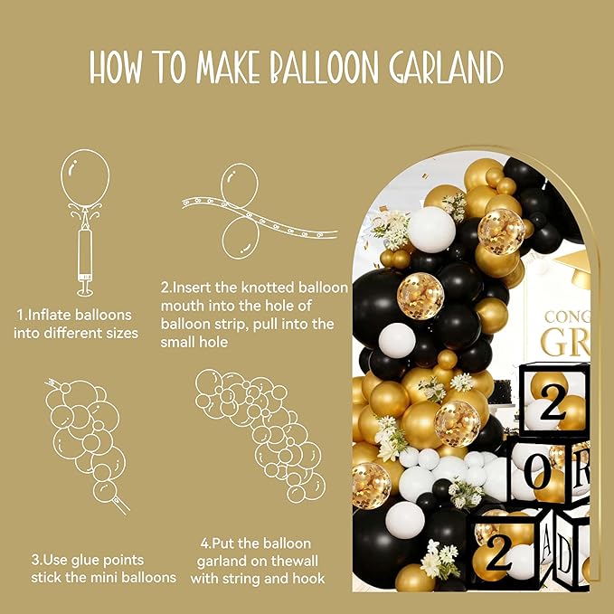 Graduation Decorations Class of 2026 Black and Gold - 4 Balloon Boxes with Letters 2026 GRAD So Proud of You, 100pcs Balloon Arch Garland Kit, High School College Grad Party Supplies Photo Prop