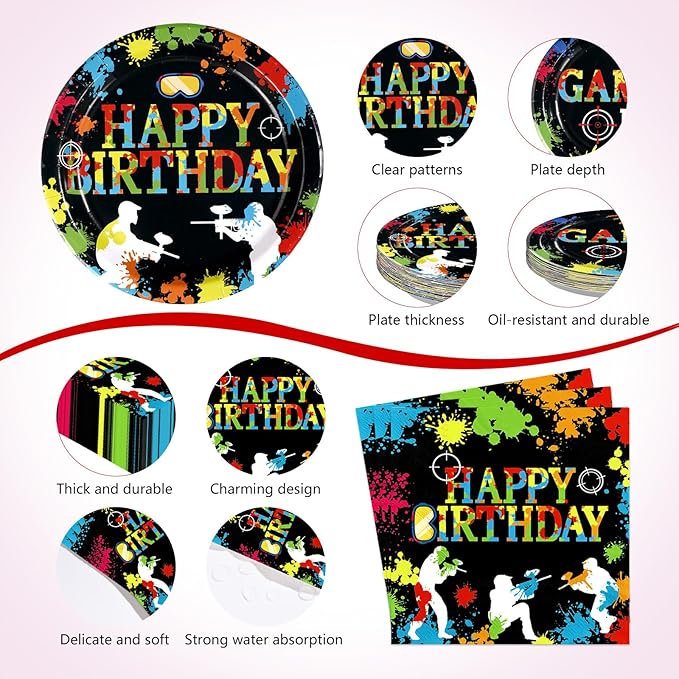 170Pcs Paintball Birthday Party Decorations Colorful Splash Shooting Game Themed Plates Napkins Cups Forks Knives Spoons Tablecloths for Kids Boy Birthday Baby Shower Holiday Party Supplies Serves 24