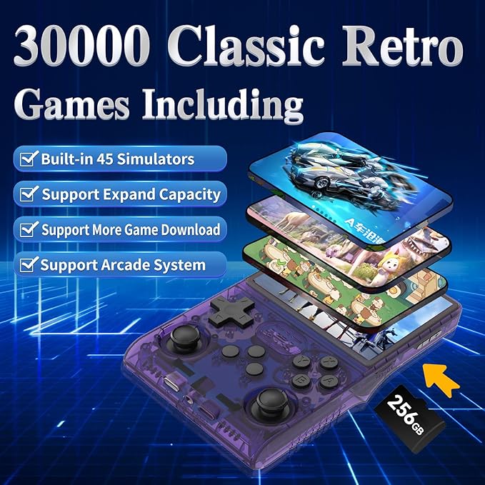 R40S Pro Handheld Game Console,30000 HD Games Mini Retro Gaming Console,3.5-Inch IPS Screen,Built in 45 Emulators,256GB SD Card,3800mAh Battery (Transparent Purple)