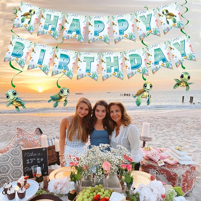 Zwiebeco Sea Turtle Happy Birthday Party Decoration Banner Bunting Garland Hanging Paper Swirls Kit for Ocean Animals Marine Organism Themed Boys Girls Kids Baby Shower Accessories Supplies
