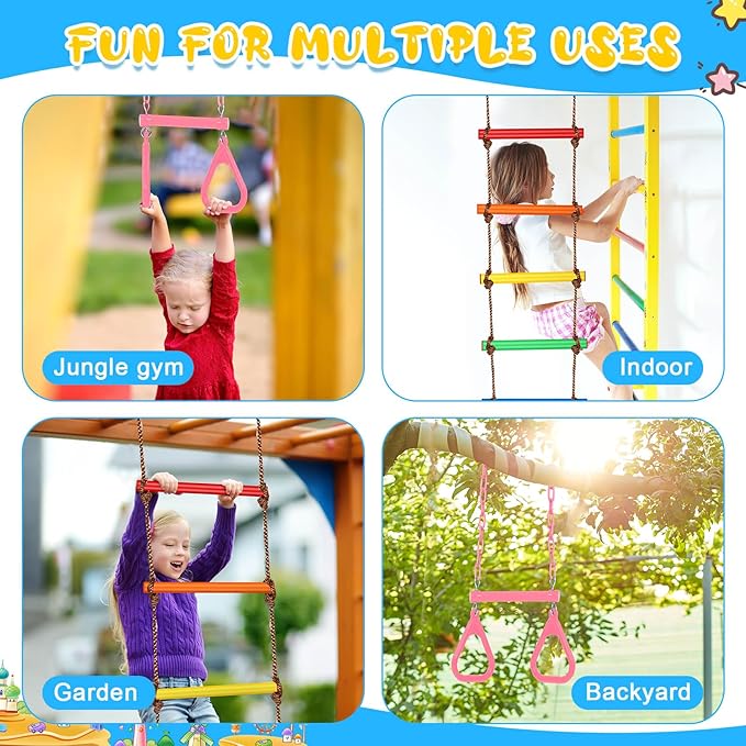 ShinyRelief 2 Pack Gym Swing Sets 48'' Trapeze Swing Bar Monkey Bar Heavy Duty Chain with Locking 6.8ft Climbing Rope Ladder Climbing Game for Accessories Tree House Playground Outdoor Play (Pink)