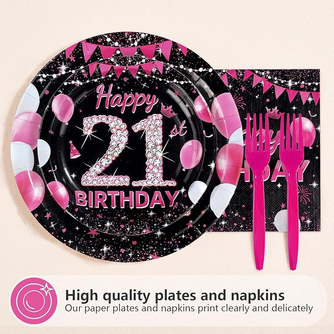 96Pcs 21st Birthday Party Supplies Black and Hot Pink Plates Forks and Napkins Diamond Finally 21 Disposable Paper Tableware Set for Girls 21 Year Old Birthday Party Supplies Serves 24