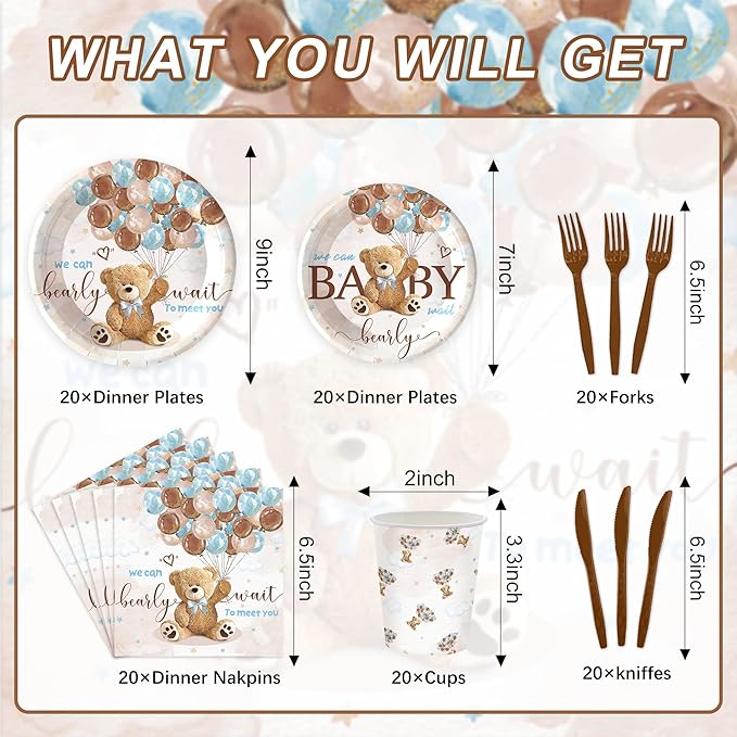 120PCS We Can Bearly Wait Party Supplies for Boys Girls Baby Shower Bear Themed Teddy Pregnancy Announcement Decorations Tableware Set Dessert Plates Napkins Cups Set for 20 Guests