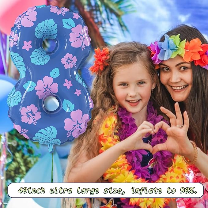 40 Inch Number 8 Balloon Leaf and Flower Birthday，8th Birthday Decorations for Kids' Parties Hawaii Party Supplies Favor Pink and Blue