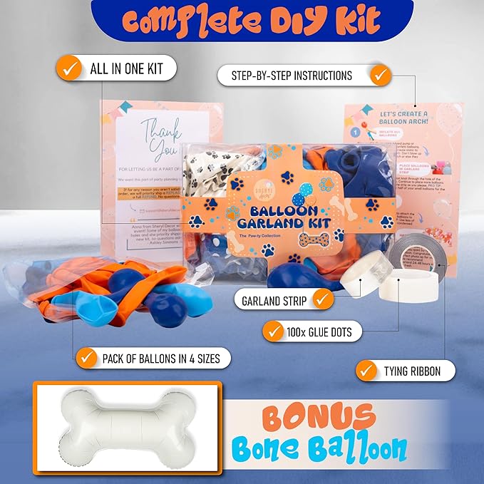 ALL-IN-1 Balloons Arch & Garland Kit with BONUS Dog Bone Small and Large Blue & Orange Party Balloons Blue Themed Party Decorations & Supplies for Boy or Girl Birthday