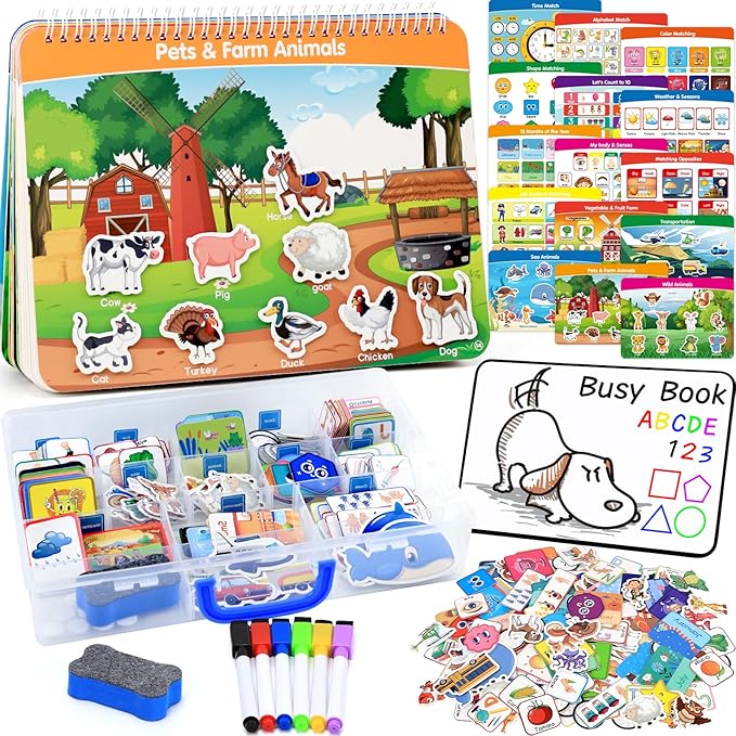 Preschool Busy Book for Toddlers with Case, 176 Pieces Accessory Complete Preassembled Activity Books for Kids, Learning Resources Montessori Educational Toy, Gifts for 3+ Year Old Boy Girl