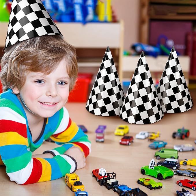 Teling 30 Pieces Birthday Party Hats Car/Cow Themed Paper Cone Hat Birthday Party Supplies Decorations for Kids (Race Car)
