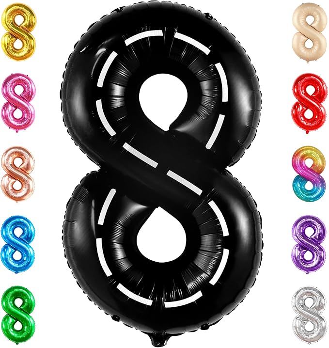 KatchOn, Giant Number 8 Check Balloon - 40 Inch | 8 Construction Balloon Decor | 8th Road Birthday Decorations | Number 8 Road Balloons for 8th Birthday Racing Decorations Boy