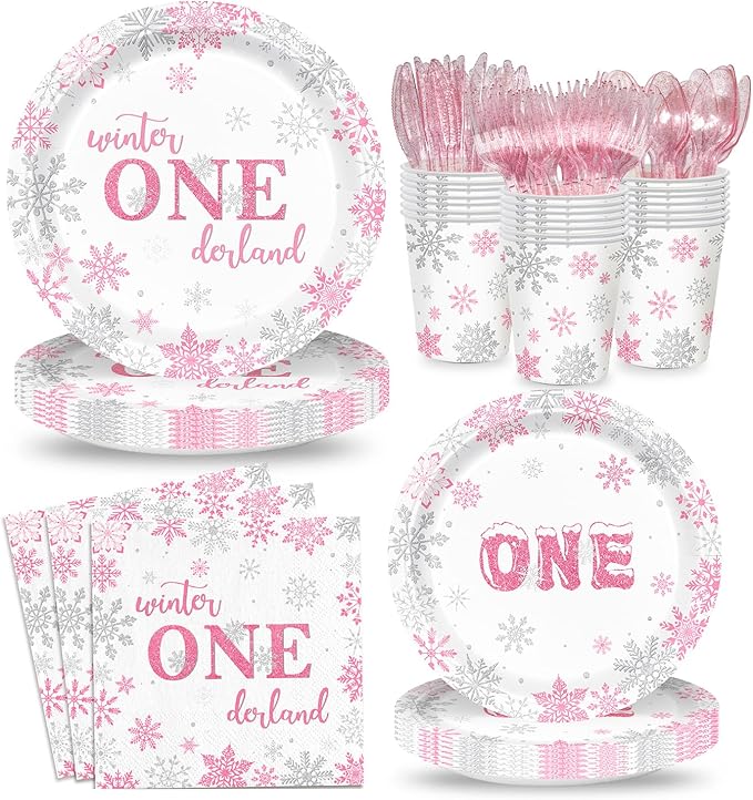 168pcs Winter Onederland Party Supplies Pink and Silver Snowflake Plates Napkins Disposable Tableware Set Paper Cups Winter Onederland 1st Birthday Party Supplies for Girls Birthday Decor Serves 24