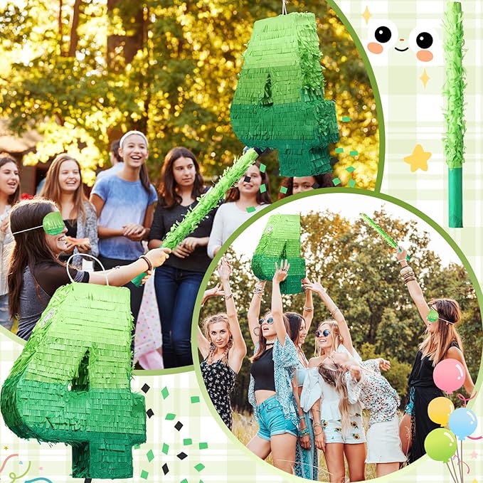 Number Piñata Decorations 16 Inch Gradient Green Piñata with Blindfold Stick and Confetti for Birthday Baby Shower Safari Jungle Themed Party Supplies Centerpiece