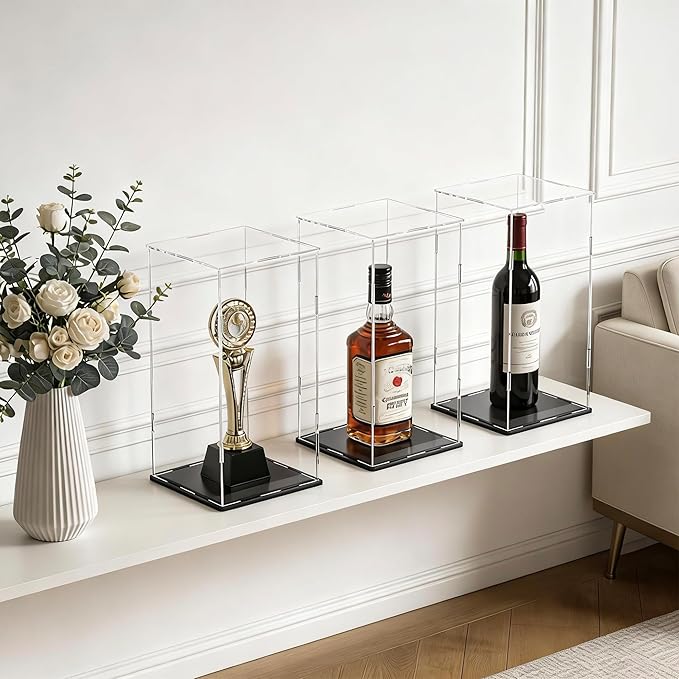 Acrylic Display Case with Matt Black Base and Lid, Dust-Proof Acrylic Box, Tall Showcase Counter-Tops Box for Red Wine Bottles, Figures, Dolls and Colletables (5x5x14 inch)