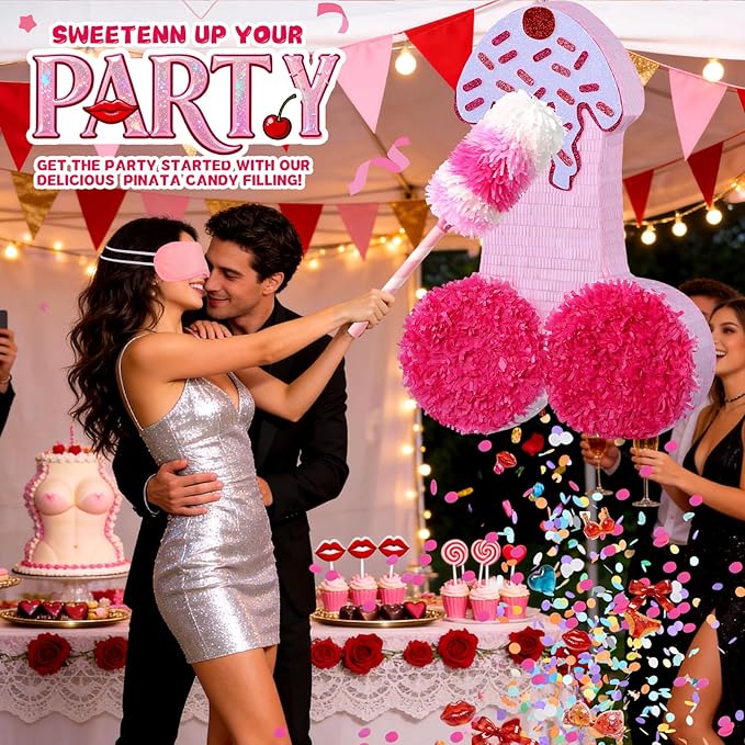 Pink Pinata for Bachelorette Party Decorations - Funny Lingerie Piñata for Bridal Shower, Hen Party, Breast Cancer Awareness Event, Girls Night Out - Includes Stick, Mask & Confetti