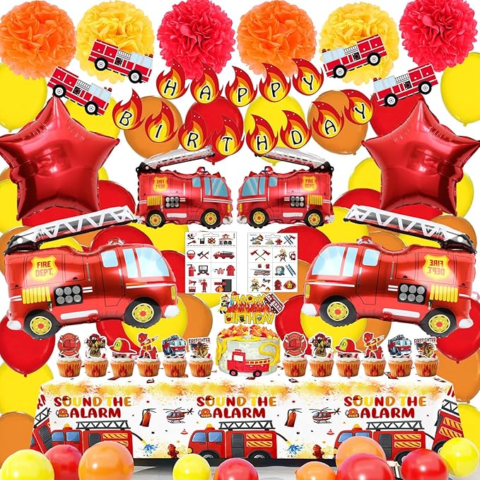 Fire Truck Birthday Party Decorations Kit – Firefighter Party Supplies with Happy Birthday Banner, Fire Truck Foil & LatexBalloons, Table Cover, Cake Toppers & Tattoo Stickers Perfect for kids Party