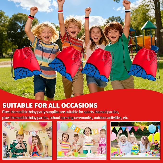 Spider Party Favors, Movie Hero Theme Birthday Party Supplies & Goodie Bags for Kids, Include Drawstring Bags Notebook Silicone Bracelet Highlighter for Gifts Fillers