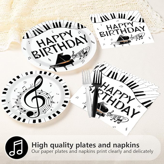 96Pcs Piano Happy Birthday Decoration Piano Music Themed Plates and Napkins Music Notes Keys Piano Disposable Paper Tableware Set for Adults Kids Musicians Birthday Party Supplies Serves 24