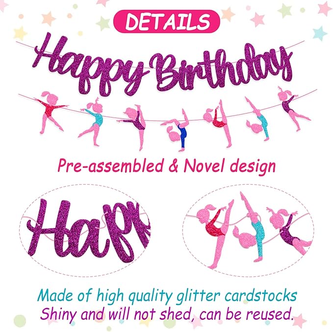 Gymnastics Birthday Banner Gymnast Theme Decoration Glitter Purple Happy Birthday Garland for Girl Gymnastics Bday Party Supplies