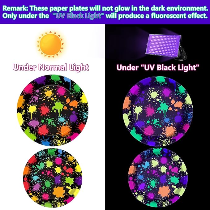 Neon Paper Plates - Glow in the Dark Party Supplies Include 7'' 9'' Printed with Graffiti Plates for Let's Glow Party Decorations, Serves 20