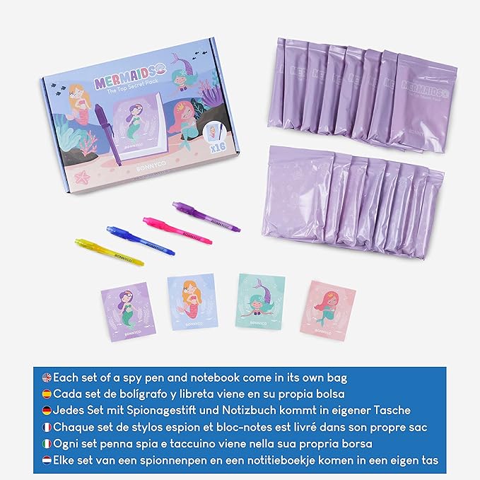 BONNYCO Invisible Ink Pen and Notebook Pack 16, Mermaid Party Favors for Kids. Magic Spy Pen Goodie Bags Stuffers for Kids, Mermaid Party Supplies. Goody Bag Stuffers, Return Gifts Birthday Prizes