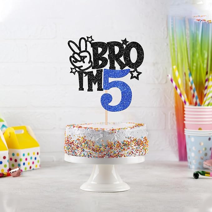 1 PCS Brother I'm 5 Cake Topper Glitter Star Happy 5th Birthday Cake Pick Bro I'm 5 Cake Decoration It's My 5th Birthday Decorations for Boys Cheers to 5 Years Old Birthday Party Supplies Blue