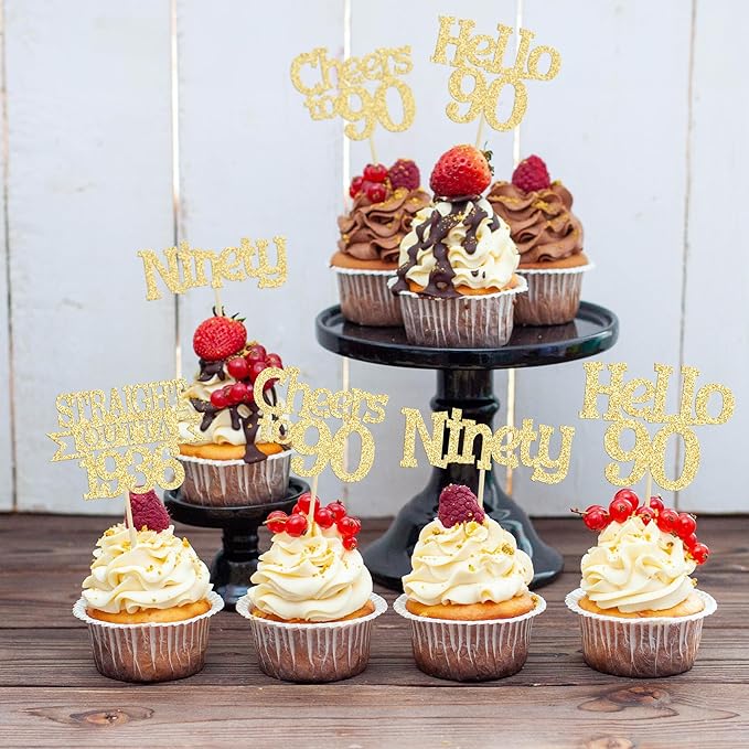 Ephlyn 24Pcs Happy 90th Birthday Cupcake Toppers Glitter Straight Outta 1936 Cupcake Picks Hello 90 Cheers to 90 Years Birthday Cake Decorations for 90th Birthday Anniversary Party Supplies Gold