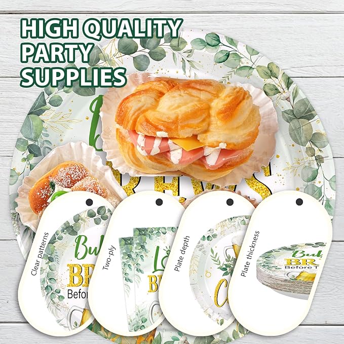 96Pcs Bubbles and Brews Bridal Shower Party Decorations Sage Green Gold Cheers Bubbles and Brews Before I Dos Plates and Napkins Sets for Bachelorette Engagement Wedding Party Supplies Serves 24