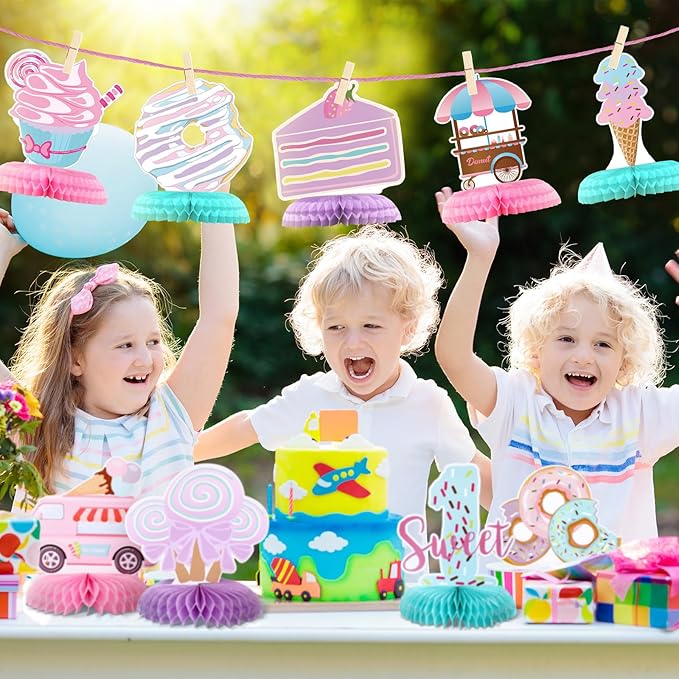 Hotop 9 Pcs Donut 1st Sweet Birthday Party Decorations One Table Honeycomb Centerpieces Table Topper First Doughnut Birthday Sign Decor for Girls Christmas Party Supplies Baby Shower
