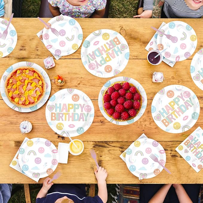 96Pcs Rainbow Birthday Party decorations Smile Face Rainbow Plates and Napkins Pastel Theme Disposable Paper Tableware Set for Colorful Kids Birthday Baby Shower Party Supplies Serves 24