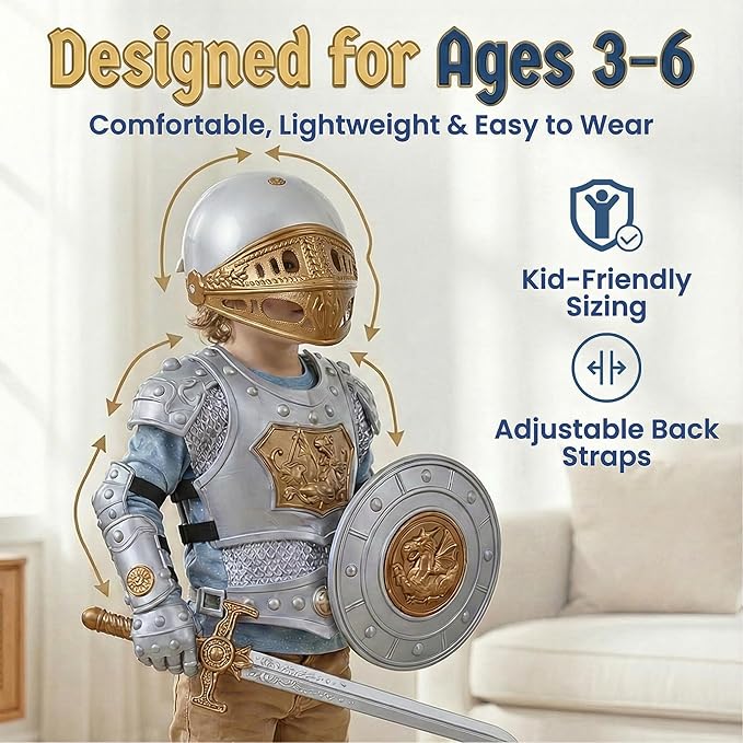 Liberty Imports Medieval Knight in Shining Armor, Kids Crusader Pretend Role Play Plastic Costume Dress Up Cosplay with Toy Swords, Axe, Shield, Weapons & Accessories Playset