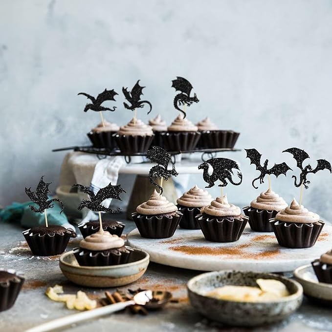 24Pcs Dragon Cupcake Toppers Glitter Dinosaur Birthday Cupcake Picks for Flying Dragon Theme Baby Shower Kids Birthday Party Cake Decorations Supplies Black