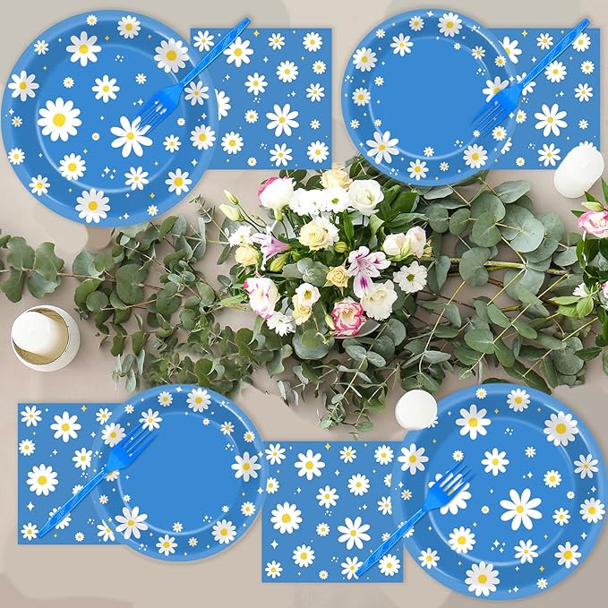 96Pcs Daisy Birthday Party Supplies Groovy Flower Paper Plates and Napkins Spring Floral Disposable Dinner Dessert Tableware Set for Blue Baby Shower Birthday Party Decorations Serve 24