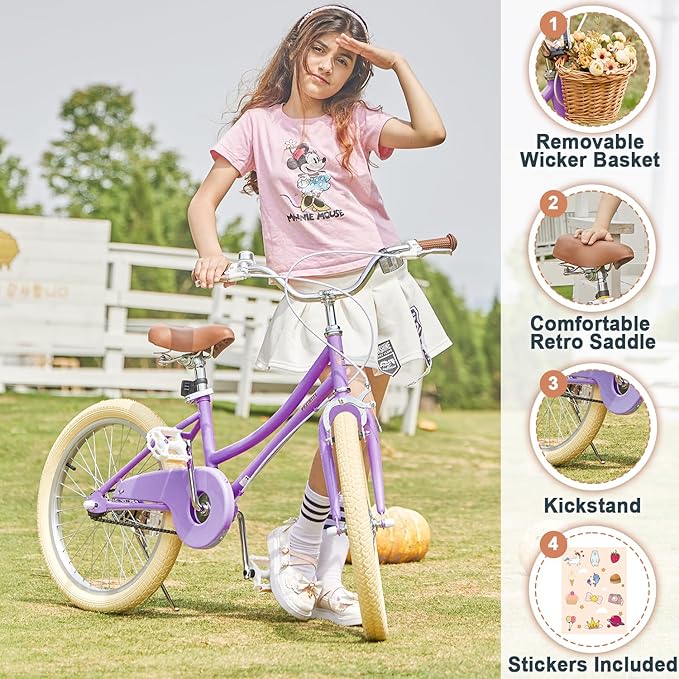 Petimini Vintage Kids Bike for Girls, 12–20 Inch Classic Bicycle with Wicker Basket & Bell, High Tensile Steel Frame, Training Wheels (12–18”), 85% Pre-Assembled, Retro Bike for Outdoor Riding
