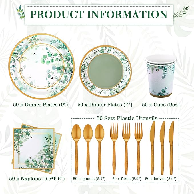 350 Pcs Tea Party Supplies Spring Summer Sage Green Tableware Set Disposable Plates Napkins Paper Cups Plastic Cutlery Set for Birthday Bridal Baby Shower Serves 50