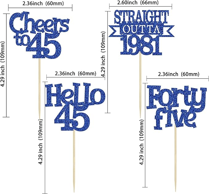 Ephlyn 24Pcs 45th Birthday Cupcake Toppers Glitter Straight Outta 1981 Cupcake Picks Hello 45 Cheers to 45 Years Cake Decorations for 45th Birthday Anniversary Party Decorations Supplies Blue