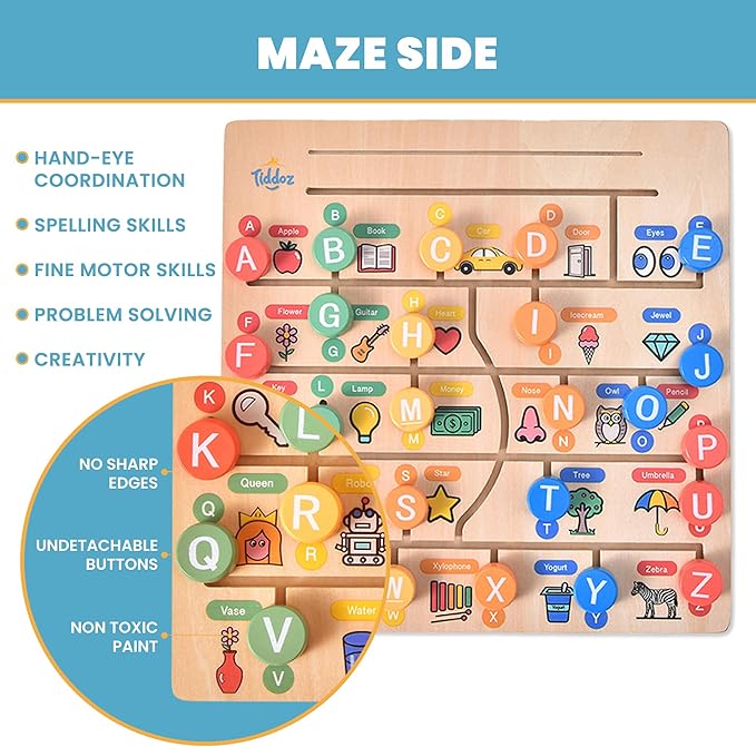 Learn ABC, Reading & Handwriting with Maze&Trace 3in1 Montessori Educational Wooden Board Toy & Flashcards with 100+ Sight Words for Boys & Girls Age 2 3 4 5 6 STEM & Fine Motor Skills Growth
